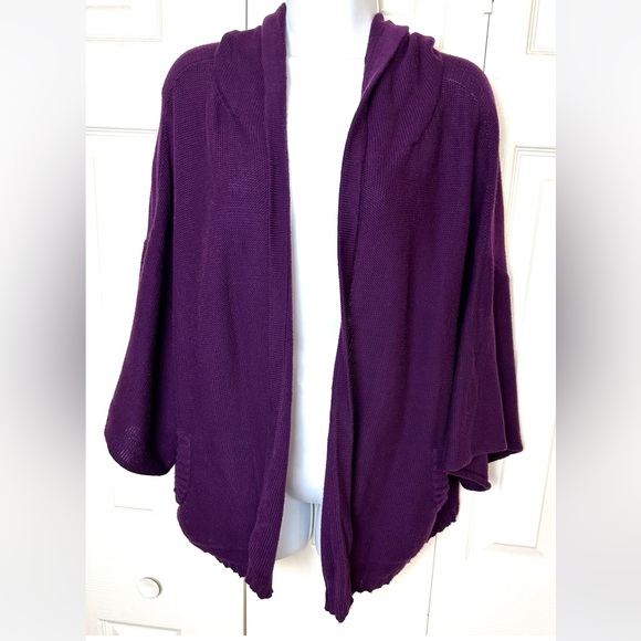 EILEEN FISHER Purple Cardigan Sweater Hooded Pockets Plum Organic Cotton Knit - Picture 14 of 14